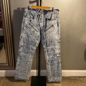 PRPS, acid splattered, sky blue, designer denim.